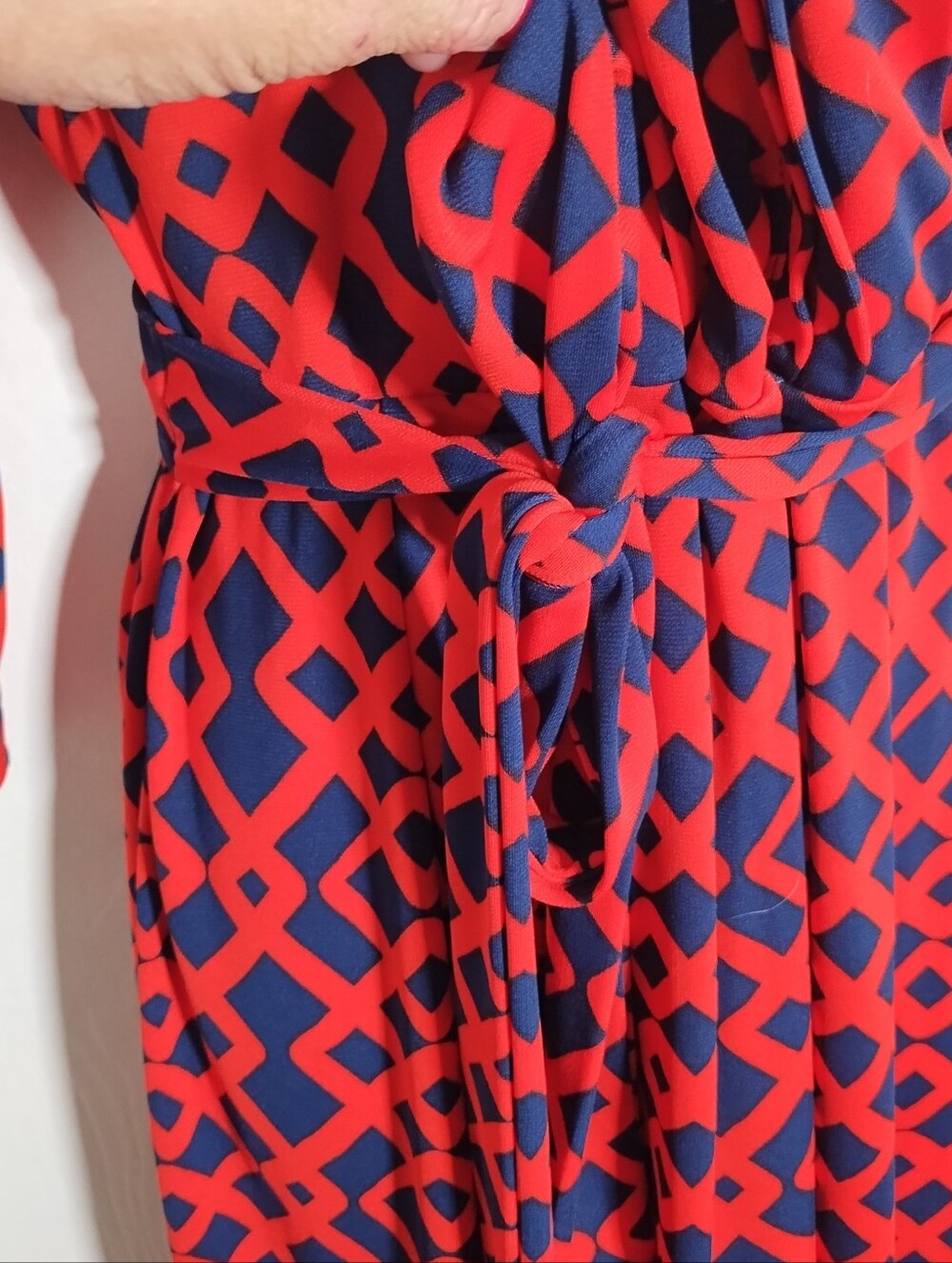 Liz Claiborne Dress Women's L Coral Blue Geometric Print Belted Faux Wrap - Picture 7 of 12
